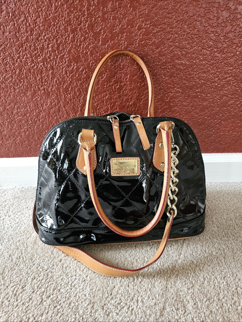 Patent Black Satchel with Tan Trim and Gold Chain Accent